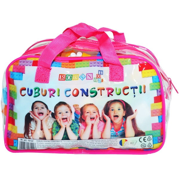 Cuburi de constructii in gentuta Roz ,160 piese/285 g , Robentoys®