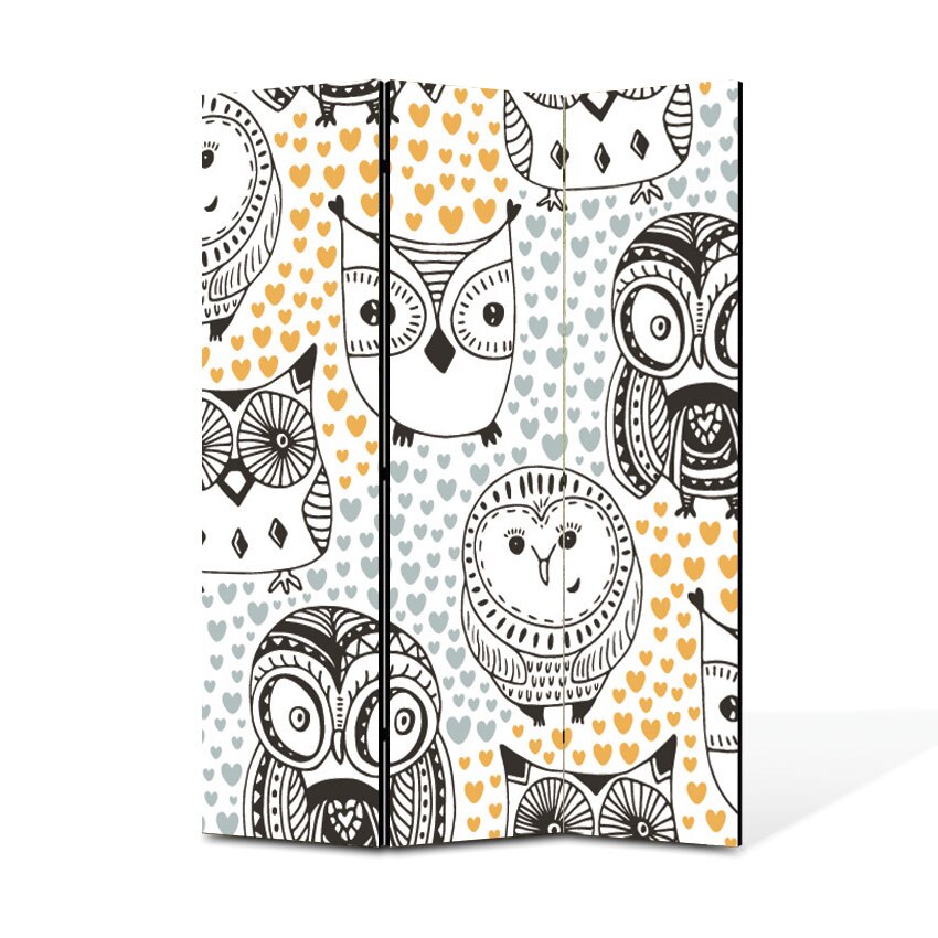 Paravan 3 piese Premium Heartwork TrueColor Bufnite pe fundal inimi, Panza pe cadru de lemn, Decoratiuni Moderne pentru Casa, 3 x 35 x 150 cm, 105 x 150 cm