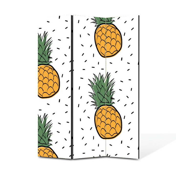 Paravan 3 piese Premium Heartwork TrueColor Ananas pe fundal alb, Panza pe cadru de lemn, Decoratiuni Moderne pentru Casa, 3 x 45 x 150 cm, 135 x 150 cm