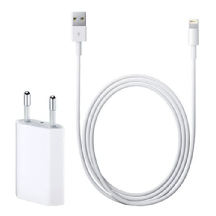 Комплект зарядно + кабел за данни Apple за iPhone 5-11, адаптер за USB гнездо и кабел Lightning, Бял