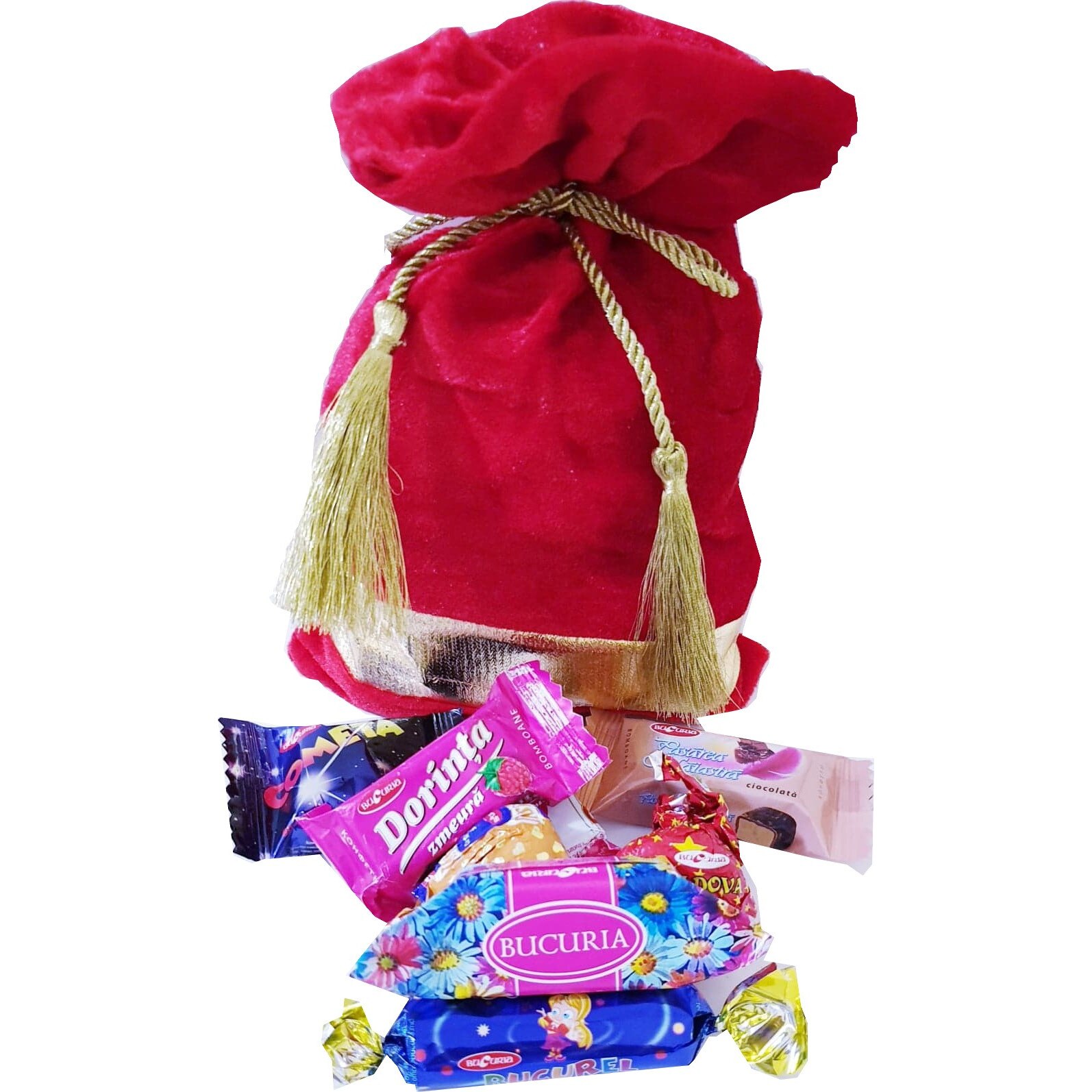 Bomboane de ciocolata Bucuria, saculet material plusat, rosu, 450 gr
