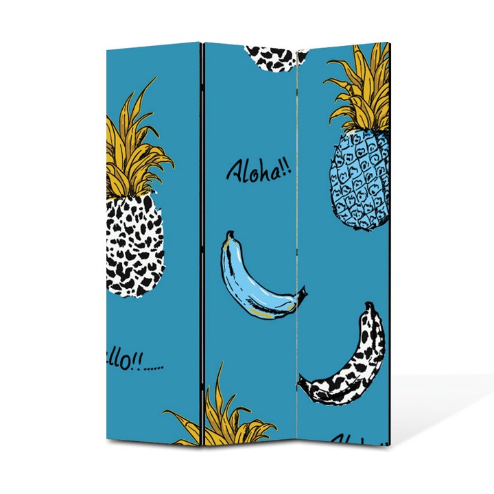 Paravan 3 piese Premium Heartwork TrueColor Ananas si banane pe fundal albastru, Panza pe cadru de lemn, Decoratiuni Moderne pentru Casa, 3 x 35 x 150 cm, 105 x 150 cm