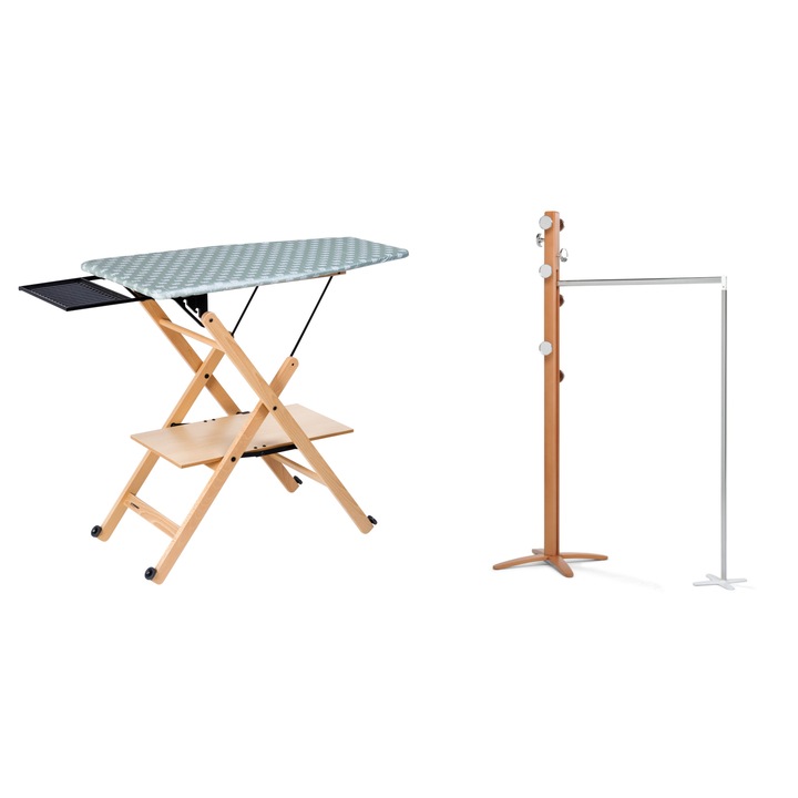 Csomag Premium Foppapedretti ASSAI NATURAL vasalódeszka, tömörfa, összecsukható, levehető huzat, Kihúzható Foppapadretti ESPANSIVA NATURAL ruhafogas, tömör fa, tükörgombok