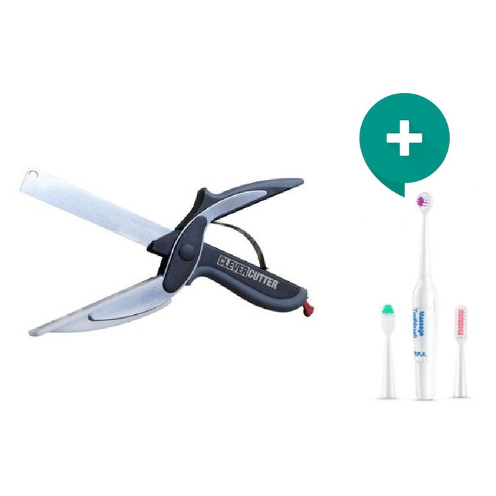 Комплект Ножица за рязане на месо и зеленчуци Clever Cutter Инокс + Електрическа четка за зъби с 3 накрайника
