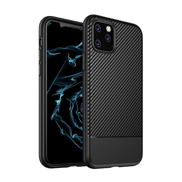 Husa pentru iPhone 12 / 12 PRO, cu fibra de carbon, Slim Antisoc, carcasa spate, Negru