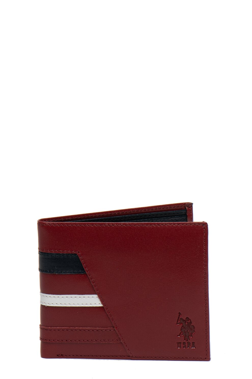 U.S. Polo Assn., Portofel de piele pliabil, cu logo stantat, Rosu inchis/Bleumarin inchis/Alb optic