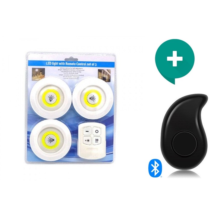 Set 3 lampi LED cu telecomanda, 3W, OEM, Alb + Casti Mini Sport S530
