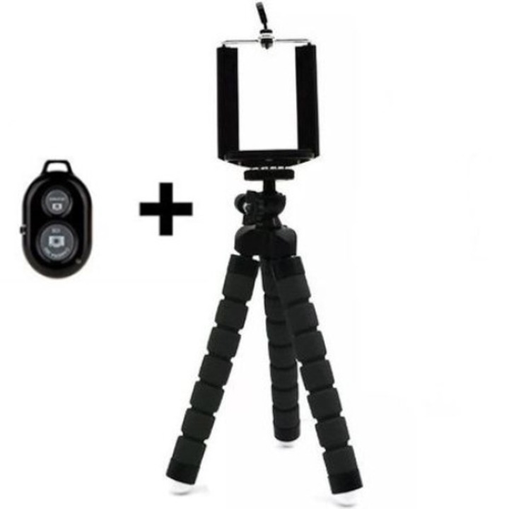 Mini háromlábú állvány 1Tech, TSE-TV26 modell, okostelefonhoz és fényképezőgéphez, Bluetooth távirányító, fekete szín