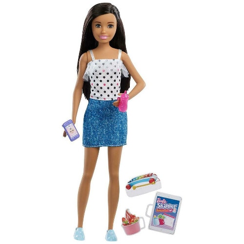 Set Mattel de Joaca Papusa Barbie Bruneta cu Top si Fusta Skipper Babysitter