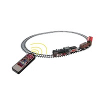 Jucarie trenulet clasic electric pe baterii, cu telecomanda, cu sina mare de cale ferata, cu locomotiva si 3 vagoane mari, cu sunet si lumina, 3 ani +, multicolor, 2 in 1 decor si cadou Craciun, Topi Dreams