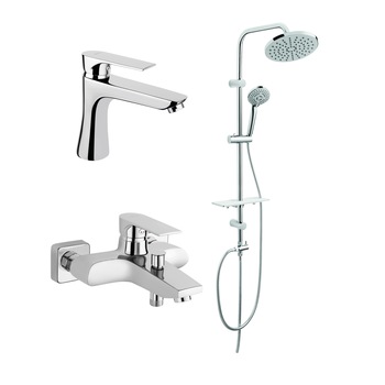 Set FERRO SQUARE & RONDO LUX 3in1 Baterie cada-dus + Baterie lavoar + Coloana de dus RONDO LUX cu dus fix si dus mobil culisant, polita Set FERRO SQUARE & RONDO LUX 3in1 Baterie cada-dus + Baterie lavoar + Coloana de dus RONDO LUX cu dus fix si dus mobil culisant, polita