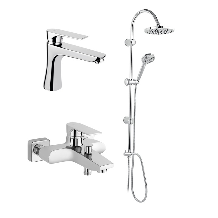 Комплект FERRO SQUARE & RONDO 3в1, Смесител за вана-душ, Смесител за умивалник, Душ колона с фиксиран и мобилен душ