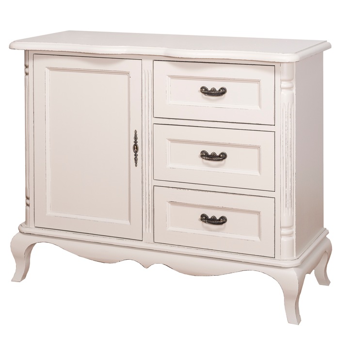 Comoda Szel-Mob cu 1 usa si 3 sertare chic, sertare pe sine soft close, culoare gri deschis, 100% lemn masiv