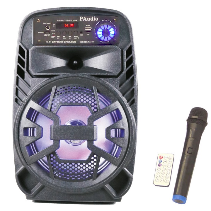 Boxa Karaoke PA-80, PAudio, Microfon fara fir, Bluetooth, Radio FM, USB, Player card micro SD, Baterie reincarcabila, Negru