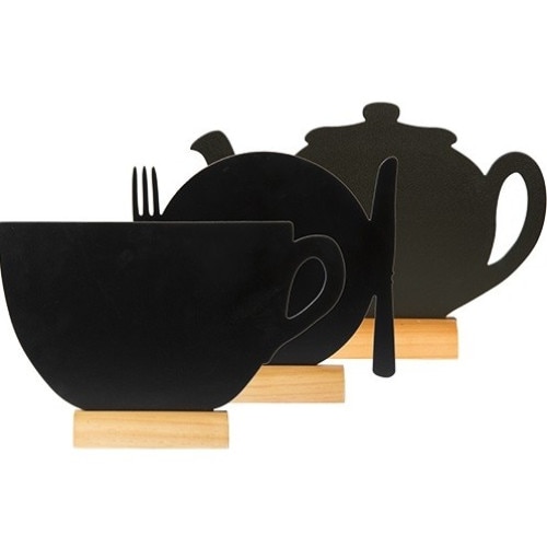 Set 3 mini table de scris Securit Silhouette Mix 10x13,5x2cm, baza de lemn, include marker creta, negru