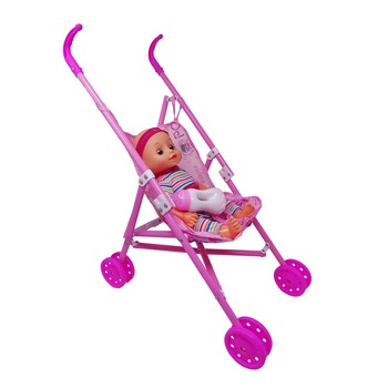 Set Carucior cu Papusa Bebelus, Biberon, Babetica si Olita, Roz Set Carucior cu Papusa Bebelus, Biberon, Babetica si Olita, Roz