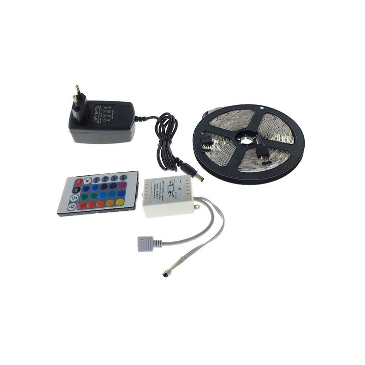 Kit banda Led RGB 3528SMD, 5m, 60 led/m, 4.8W/m, cu telecomanda, controller si alimentator 5 m