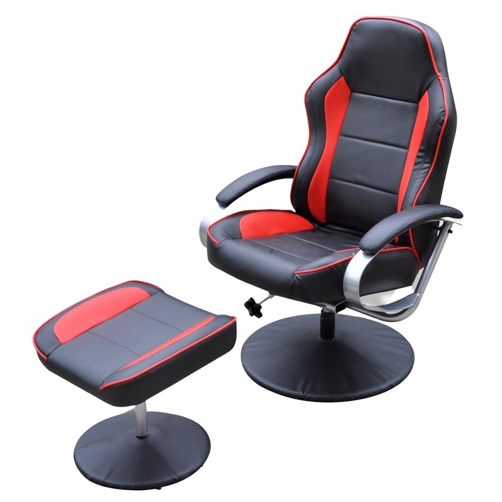 vidaXL fekete/piros műbőr fotel állítható lábtartóval