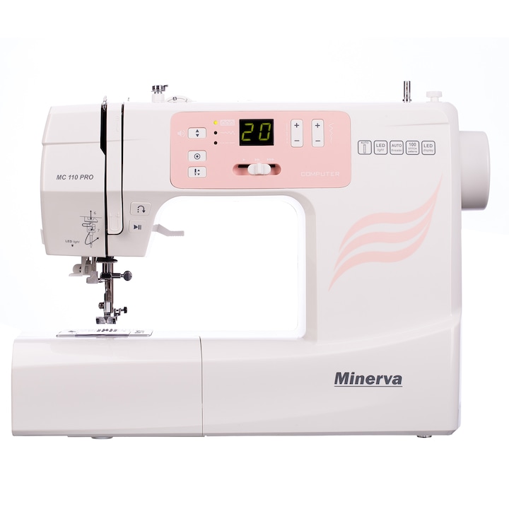 Дигитална шевна машина Minerva MC110PRO, 100 програми, 800 имп/мин, 70W, Бяло/Розово