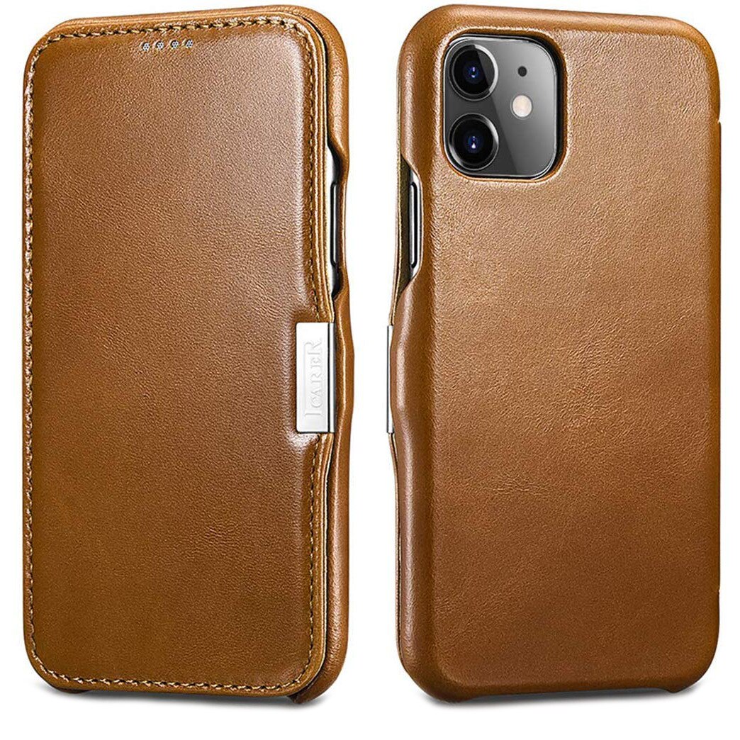Husa iPhone 11, iCARER Vintage Side Open, piele naturala, tip carte, inchidere magnetica, culoare Maro camel