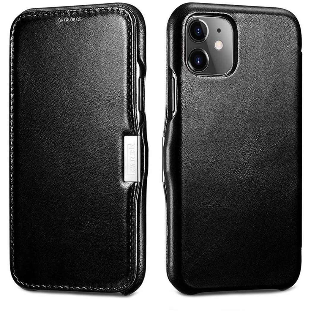 Husa iPhone 11, iCARER Vintage Side Open, piele naturala, tip carte, inchidere magnetica, culoare Negru