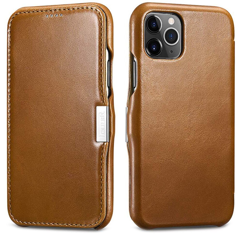 Husa iPhone 11 Pro Max, iCARER Vintage Side Open, piele naturala, tip carte, inchidere magnetica, culoare Maro camel