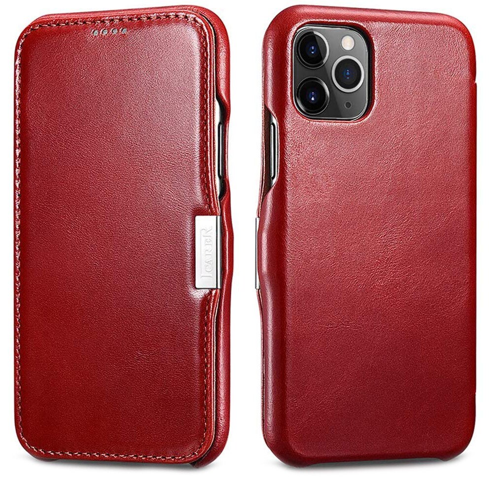 Husa iPhone 11 Pro Max, iCARER Vintage Side Open, piele naturala, tip carte, inchidere magnetica, culoare Rosu burgund