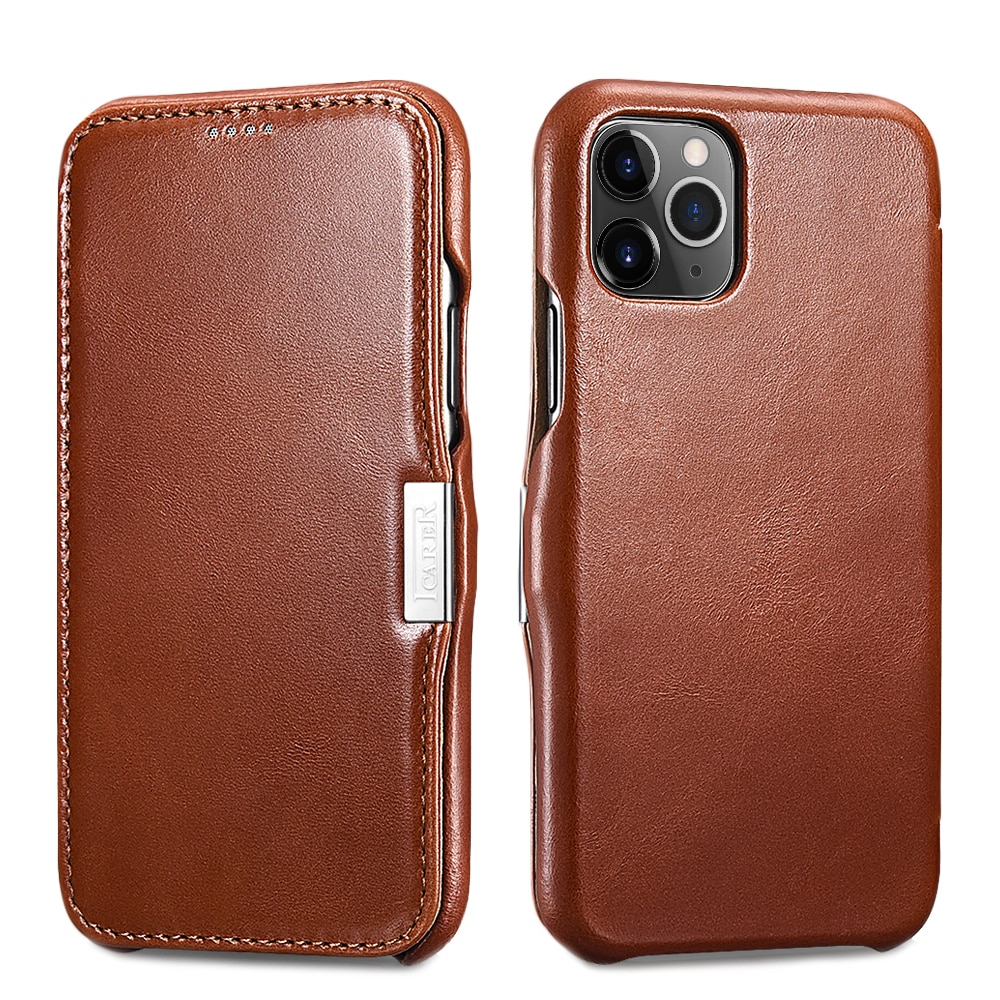 Husa iPhone 11 Pro Max, iCARER Vintage Side Open, piele naturala, tip carte, inchidere magnetica, culoare Maro coniac