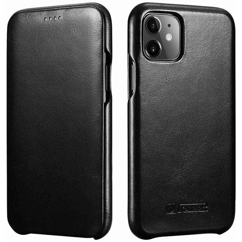 Husa iPhone 11, iCarer Vintage Curved, din piele, tip carte cu clapeta curbata, culoare Negru
