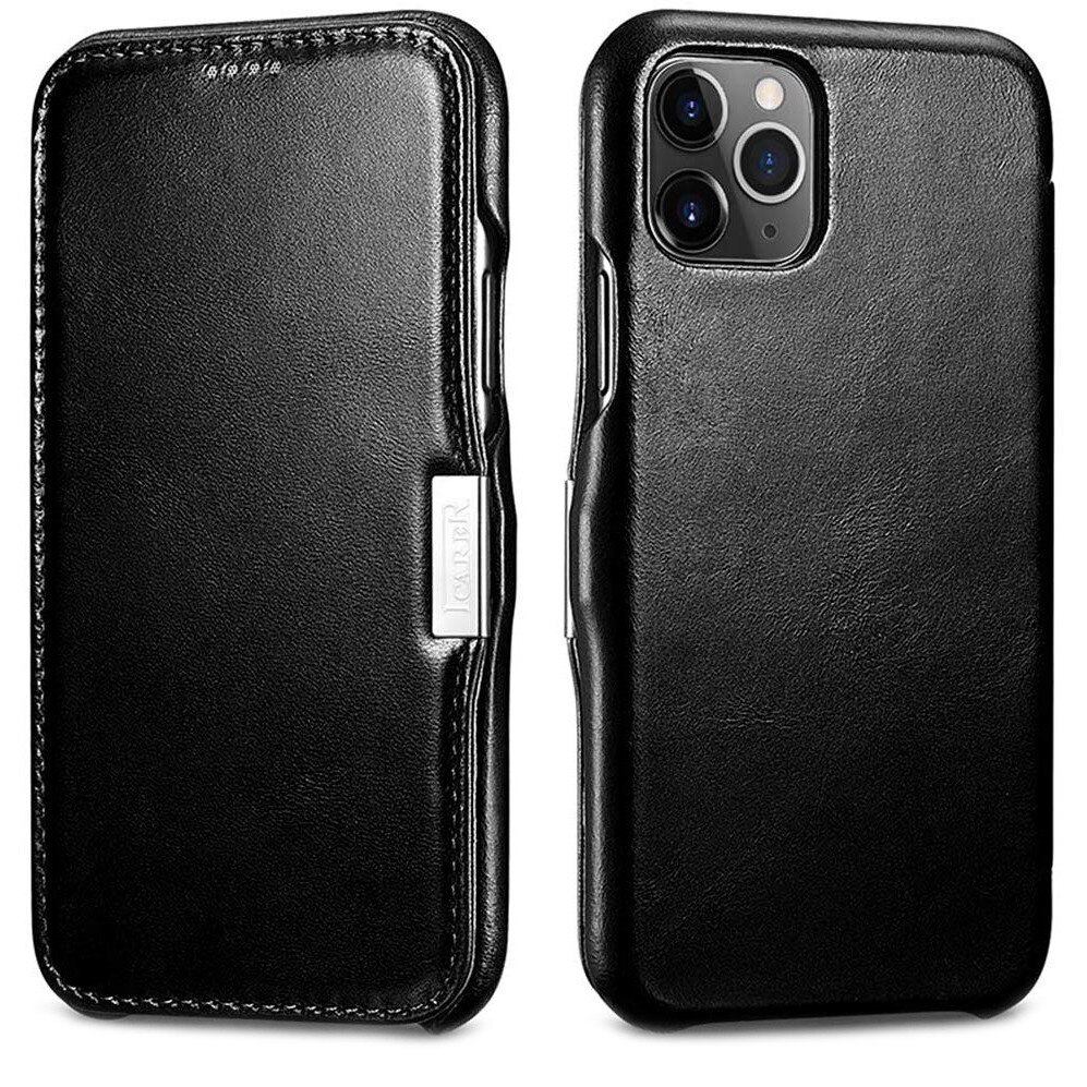 Husa iPhone 11 Pro Max, iCARER Vintage Side Open, piele naturala, tip carte, inchidere magnetica, culoare Negru