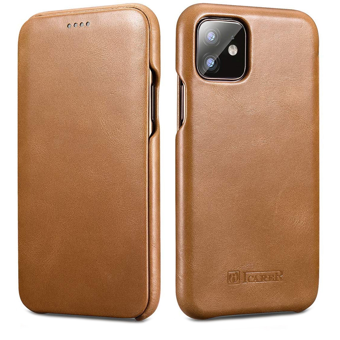 Husa iPhone 11, iCarer Vintage Curved, din piele, tip carte cu clapeta curbata, culoare Maro camel