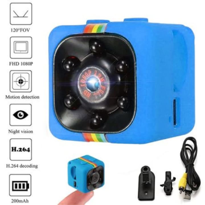 Full HD шпионска мини камера, SQ11 MINI DV, с функция за видео и снимки, BLUE + син селфи пръстен