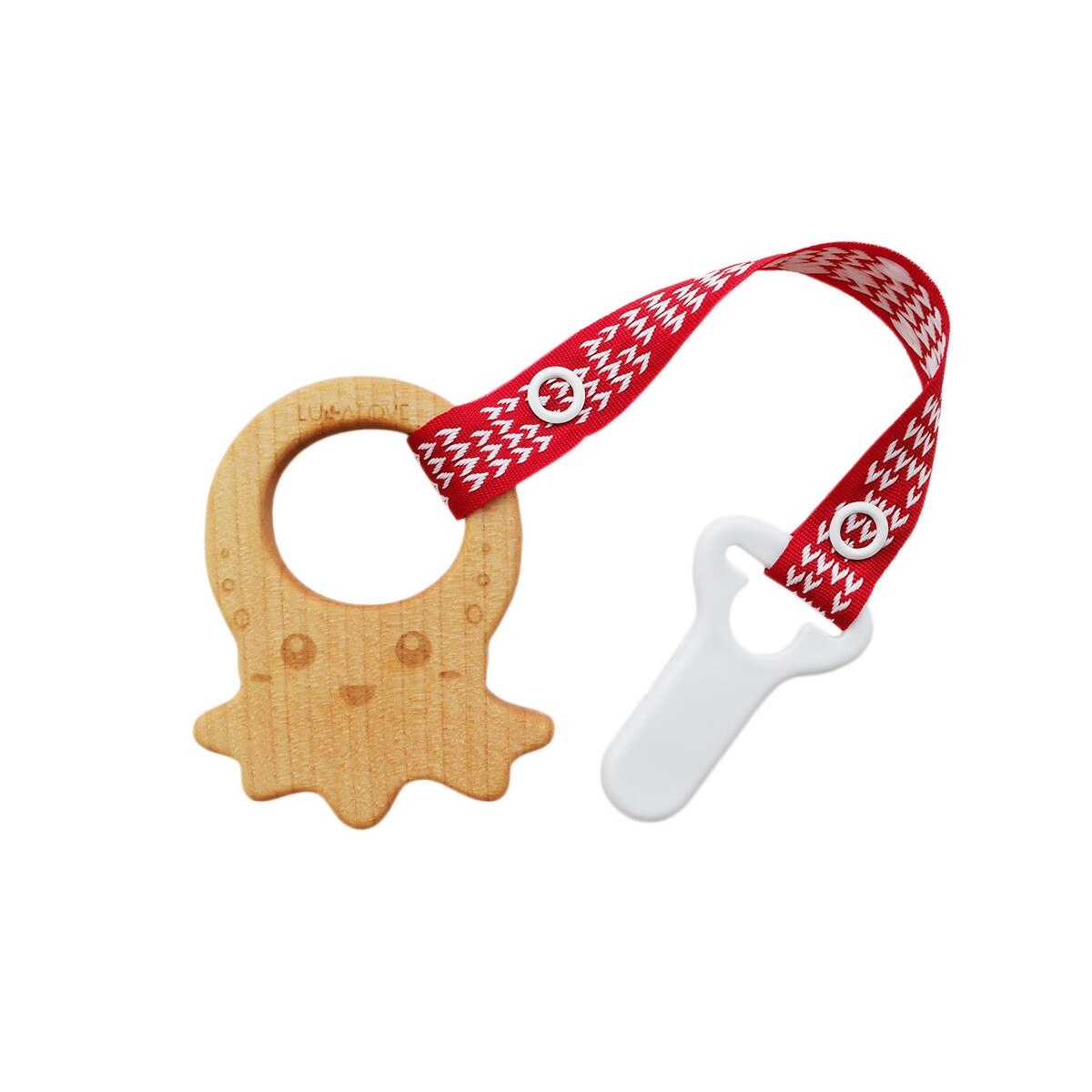 Jucarie dentitie cu clips, lemn de artar, Lullalove, Octopus