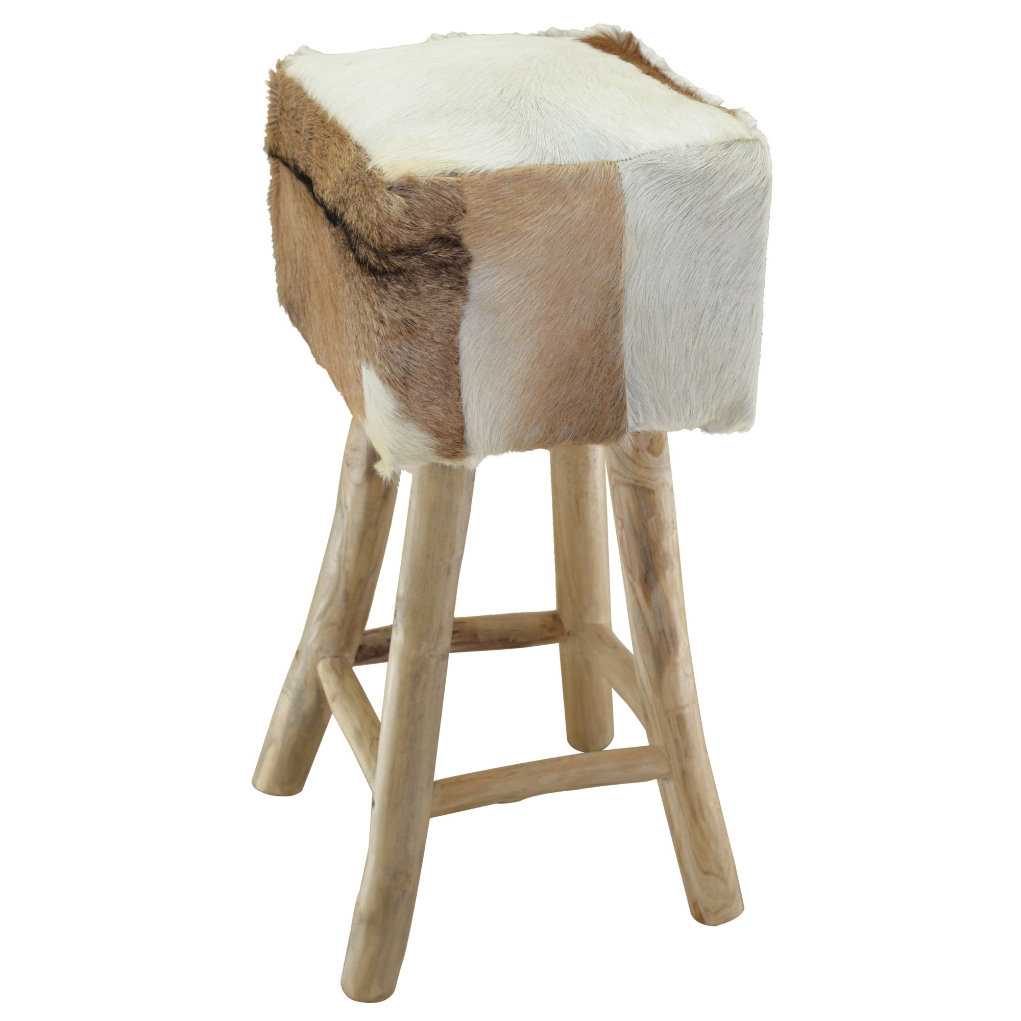 Scaun de bar dreptunghiular, vidaXL, Lemn de tec si piele naturala, Multicolor, 35 x 35 x 76 cm