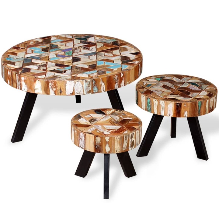 Set masute de cafea vidaXL, 3 buc., lemn masiv reciclat, 23.9 kg