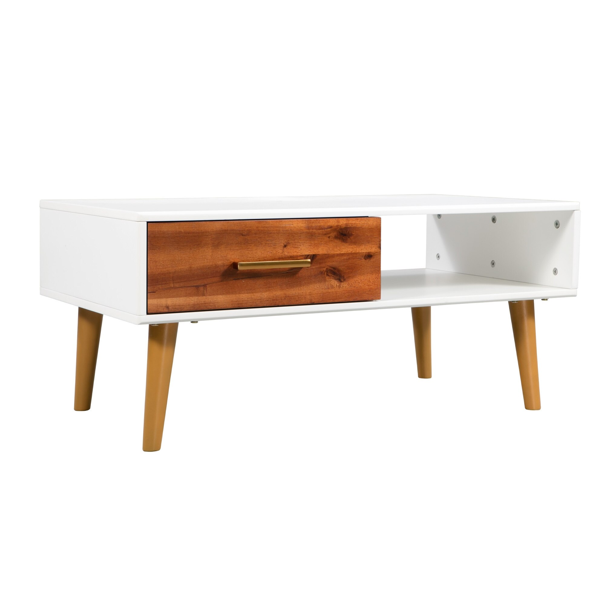 Masuta de cafea din lemn masiv de acacia, cu 1 sertar, vidaXL, Alb, 90 x 50 x 40 cm