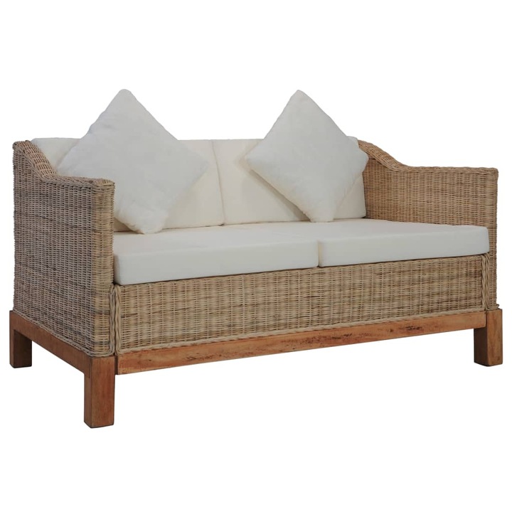 2-местен диван с възглавници vidaXL, 132х78х74 см, естествен ратан, мангова дървесина масив
