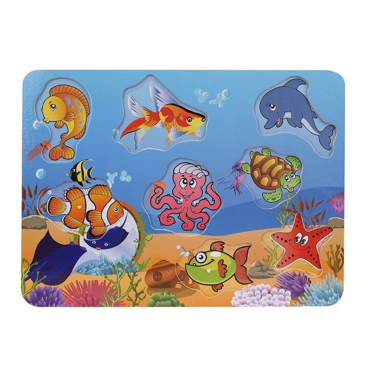 Puzzle educativ din lemn, animalute acvatice, 9 piese