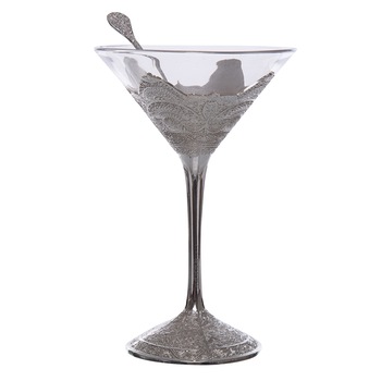 Set 6 cupe pentru inghetata,6 lingurite,realizat din sticla si zinc argintat 11,6x11,6x17,9cm Set 6 cupe pentru inghetata,6 lingurite,realizat din sticla si zinc argintat 11,6x11,6x17,9cm