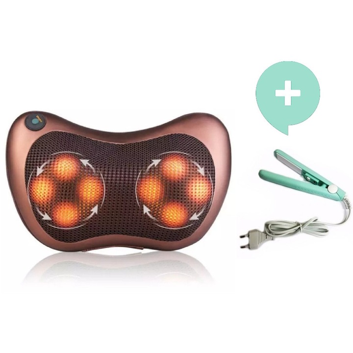 Комплект масажираща възглавница, 8 точков, 8028, 12/220V, Кафява + Мини преса за изправяне на коса