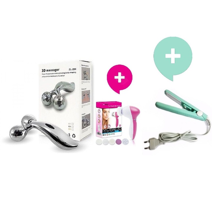 Комплект - Ръчен масажор за лице 2881, Сребрист + 5в1 Мини масажор с 5 приставки + Мини преса за изправяне на коса