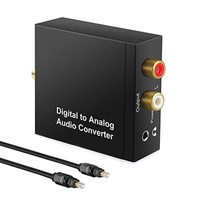 Цифрово-аналогов аудио адаптер/конвертор, toslink към 2xRCA+жак 3.5mm, женски-женски, 1A захранване и оптичен кабел