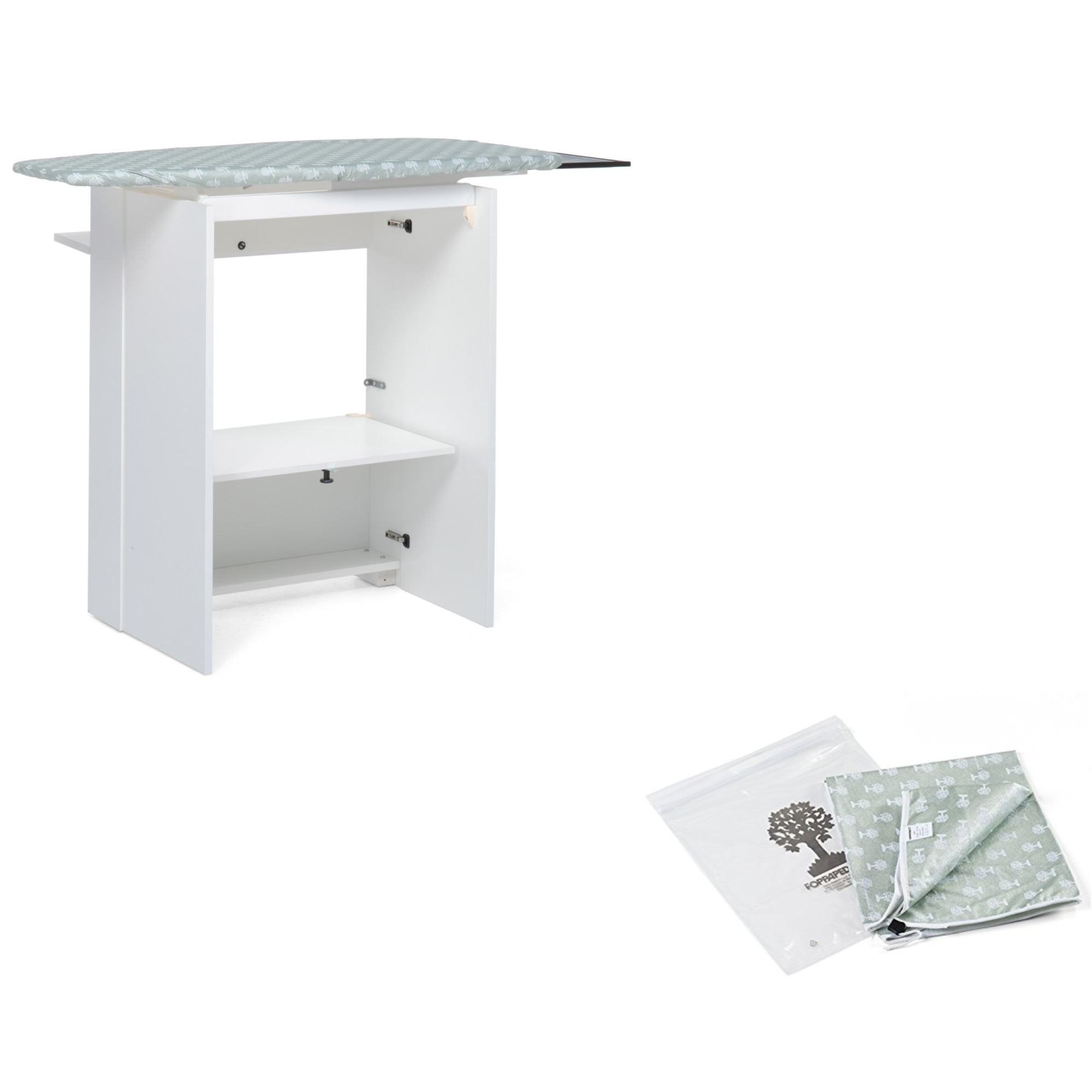 Pachet Masa de calcat premium Foppapedretti STIRAEMOLLA WHITE, lemn masiv, Husa premium pentru masa de calcat Foppapedretti La Copertina, strat din pulbere de aluminiu, saculet depozitare husa