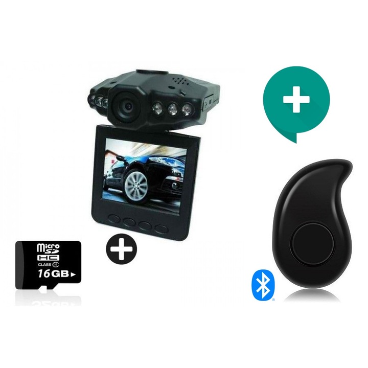 Комплект за Видеорегистратор DVR + SD Card Kingston 16 GB OEM , 2.5" дисплей, Сензор за движение, Ъгъл 120 градуса, 6 светодиода за нощно виждане + Мини хендсфри слушалка S530 Черна