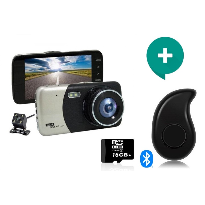 Комплект Видеорегистратор с подарък камера за задно виждане WDR Full HD 1080 + SD карта 16 GB Kingston + Мини хендсфри слушалка S530 Черна