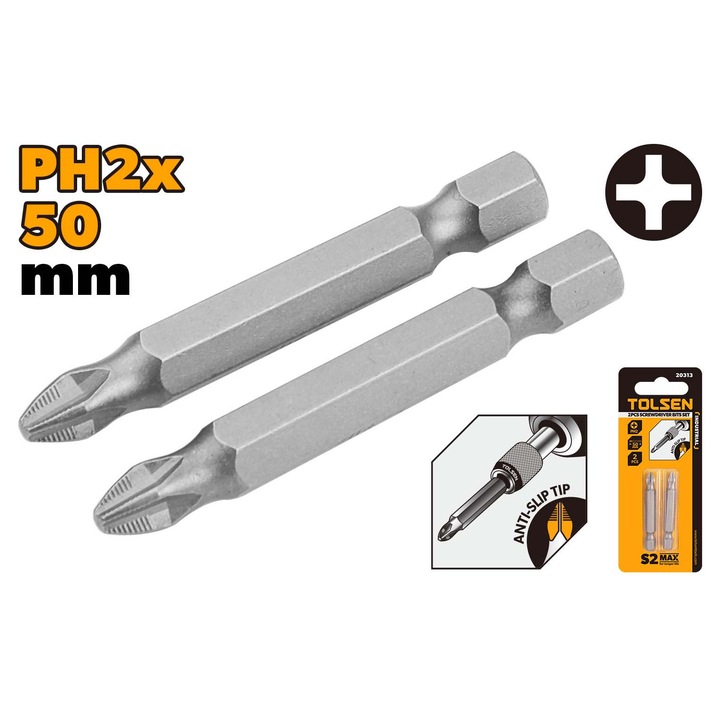Set varfuri surubelnita TOLSEN 2 buc, PH2x50 mm, otel S2 industrial, calit si detensionat, potrivire perfecta, uz profesional