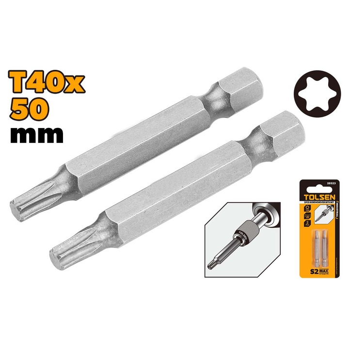Set varfuri surubelnita TOLSEN 2 buc, T40x50 mm, otel S2 industrial, rezistenta ridicata la torsiune, finisaj satinat