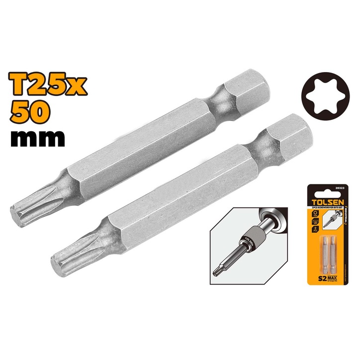 Set varfuri surubelnita TOLSEN 2 buc, T25x50 mm, otel S2 industrial, calit si detensionat, potrivire perfecta, uz profesional
