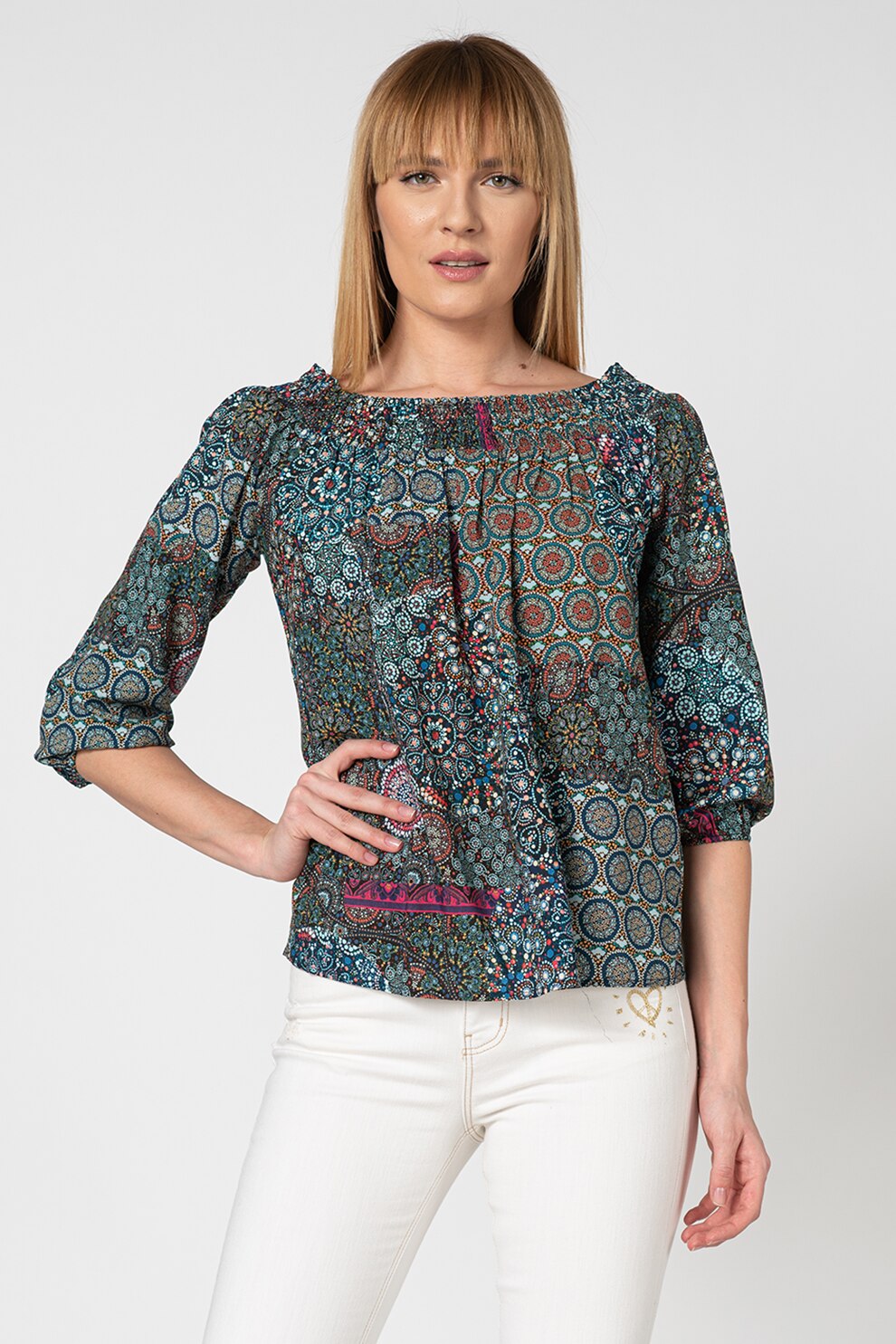 DESIGUAL, Bluza cu decolteu pe umeri si imprimeu abstract Maritsa, Multicolora