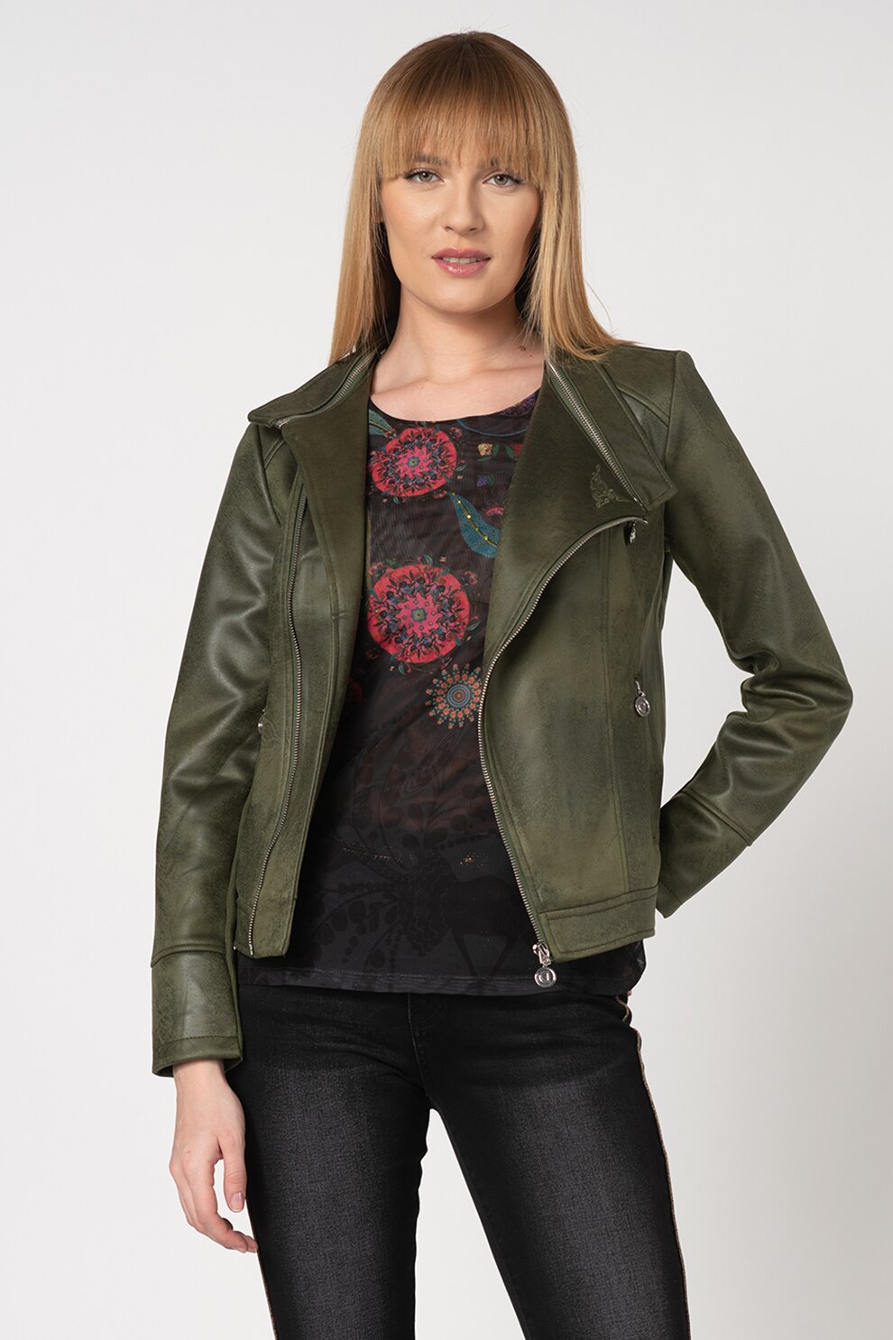 DESIGUAL, Jacheta de piele ecologica cu mandala brodata Broward, Verde militar